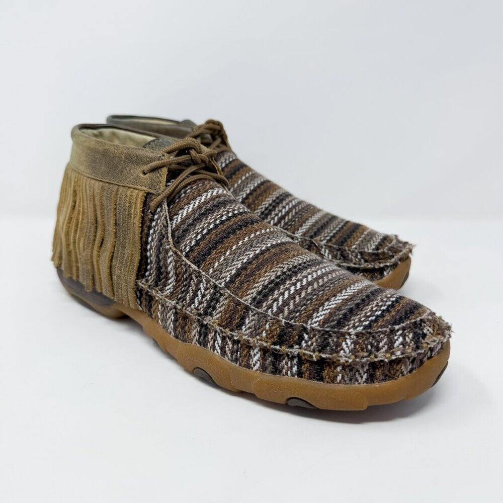 Twisted X Brown Stripe Moccasin Booties with Fringe Women's Size 8.5 EUC Lace Up